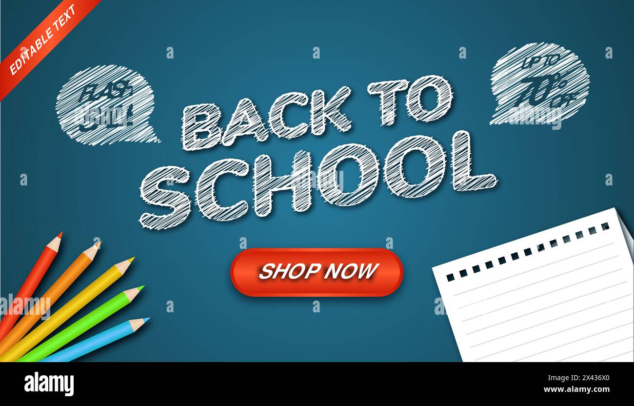 Bannière de vente flash de retour à l'école avec tableau bleu illustration, couleur de crayon et papier. Effet de texte modifiable. Illustration de Vecteur
