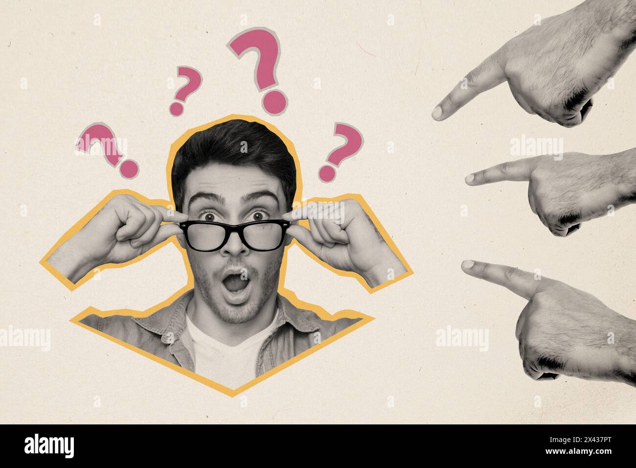 Croquis image tendance illustration composite collage de jeune homme Think Solve puzzle choqué main regardant montrer geste doigt moqueur point moquerie Banque D'Images