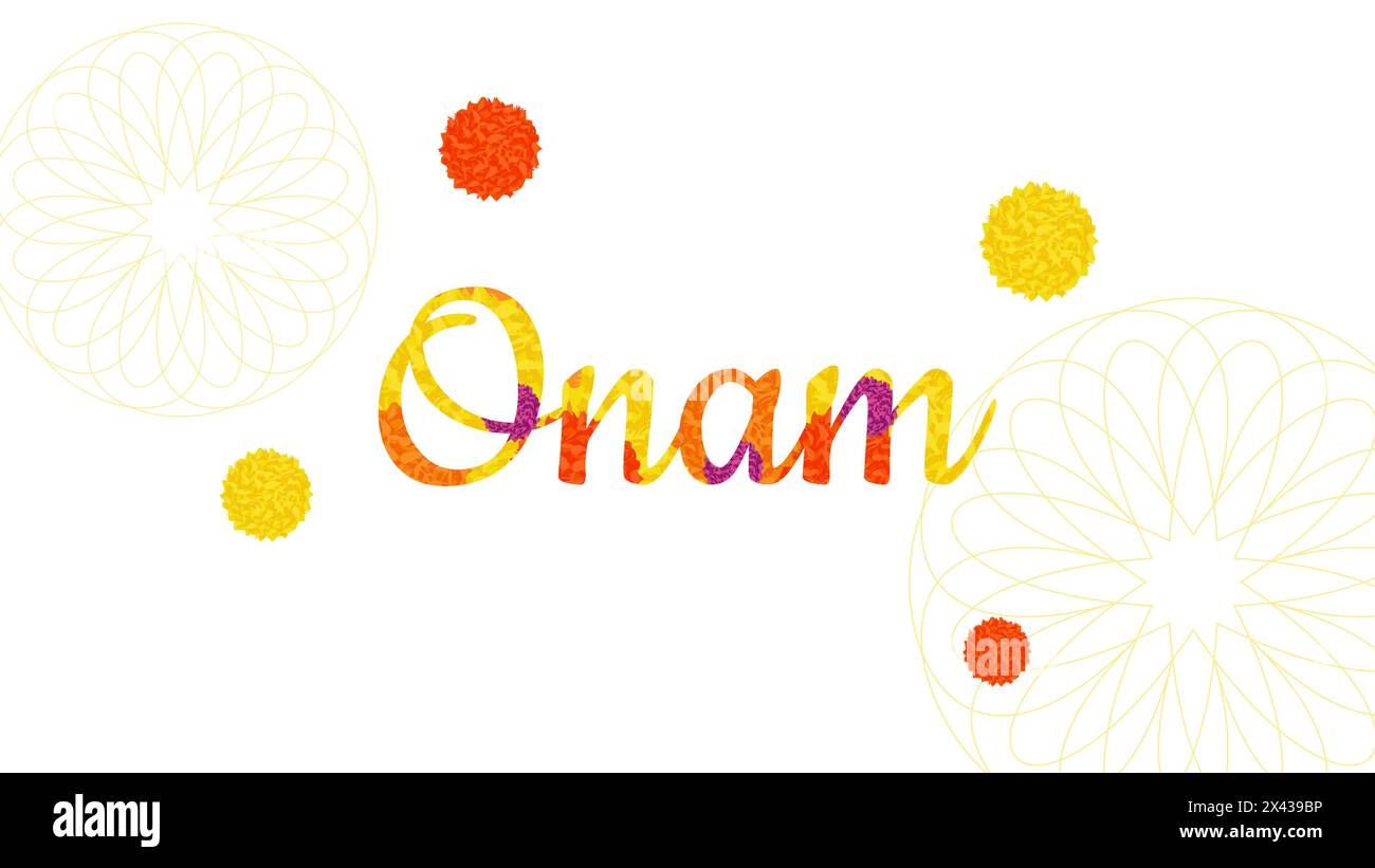 Onam Indian Festival Kerala State. Motifs floraux. Texte de fleurs. Joyeuses vacances à Onam. Conception de bannière d'affiche. Illustration vectorielle. Illustration de Vecteur