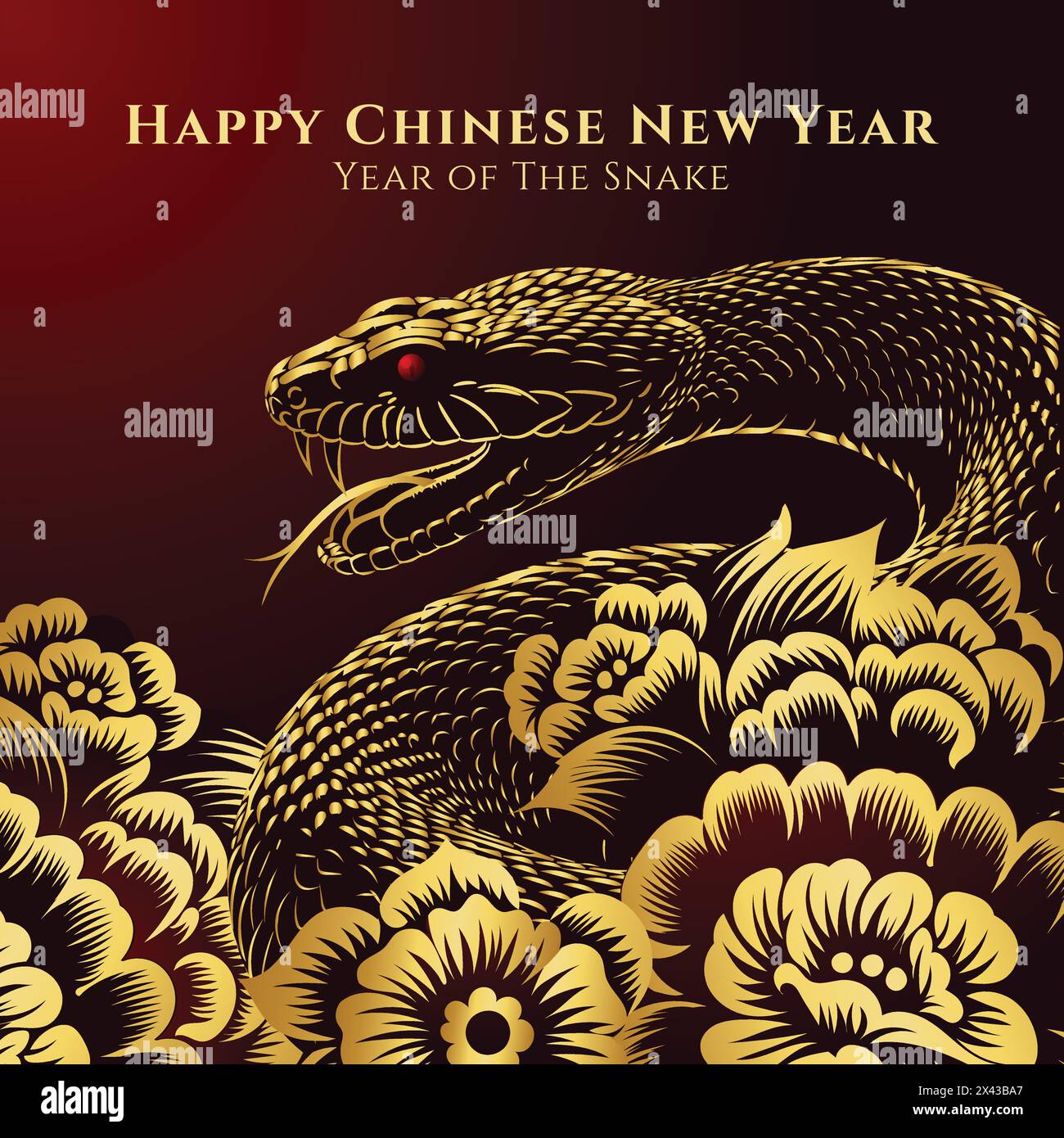 Serpent doré avec illustration de fleurs chinoises, signe du zodiaque de l'horoscope chinois, année du serpent 2025 Illustration de Vecteur