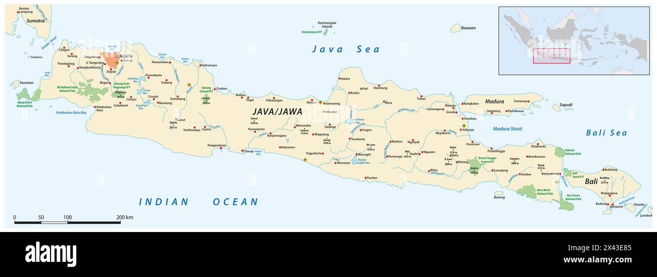 Carte vectorielle des îles indonésiennes de Java et Bali Banque D'Images