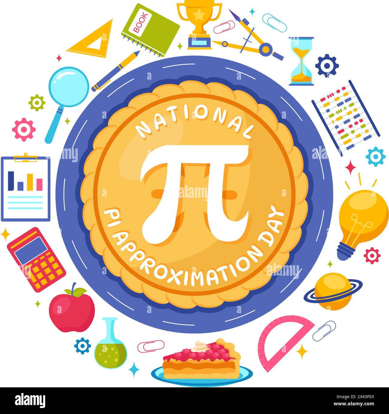 Pi approximation Day Vector illustration le 22 juillet avec des constantes mathématiques, des lettres grecques ou une tarte sucrée cuite en fond de dessin animé plat Illustration de Vecteur