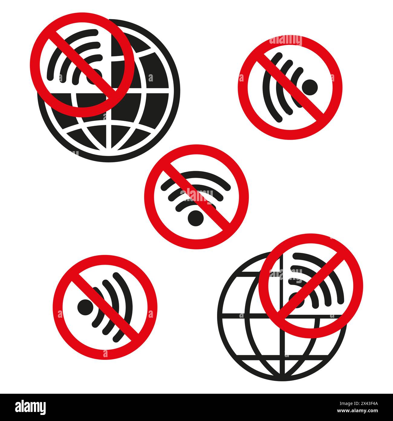 Ensemble vectoriel de symboles de restriction de réseau. Pas de Wi-Fi, pas de connexion globale. Icônes de connectivité monochromes. Illustration de Vecteur