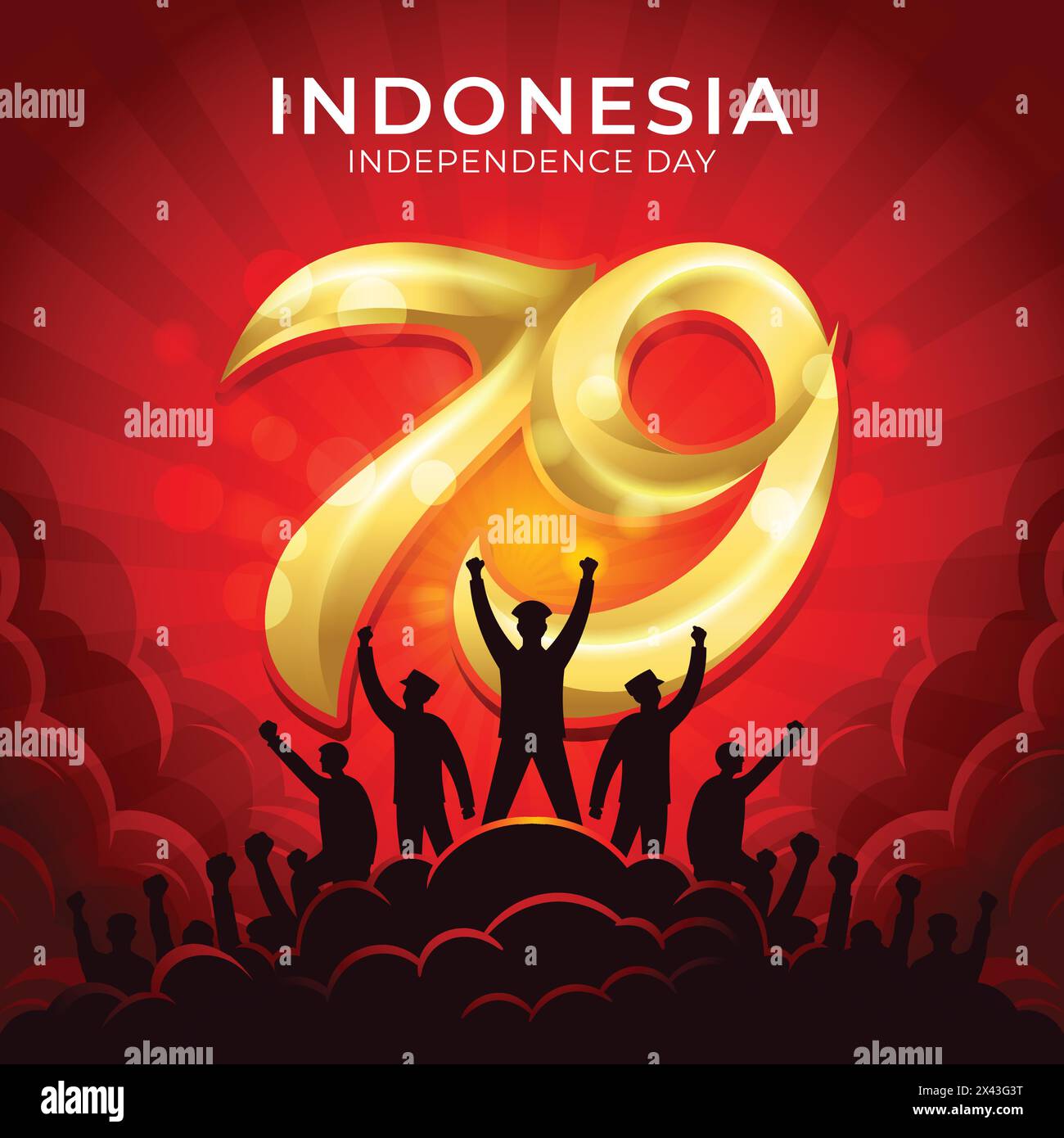 Joyeux 79ème jour de l'indépendance indonésienne avec le numéro d'or 79 et Silhouette des gens levant la main comme signe de victoire et de joie Illustration de Vecteur