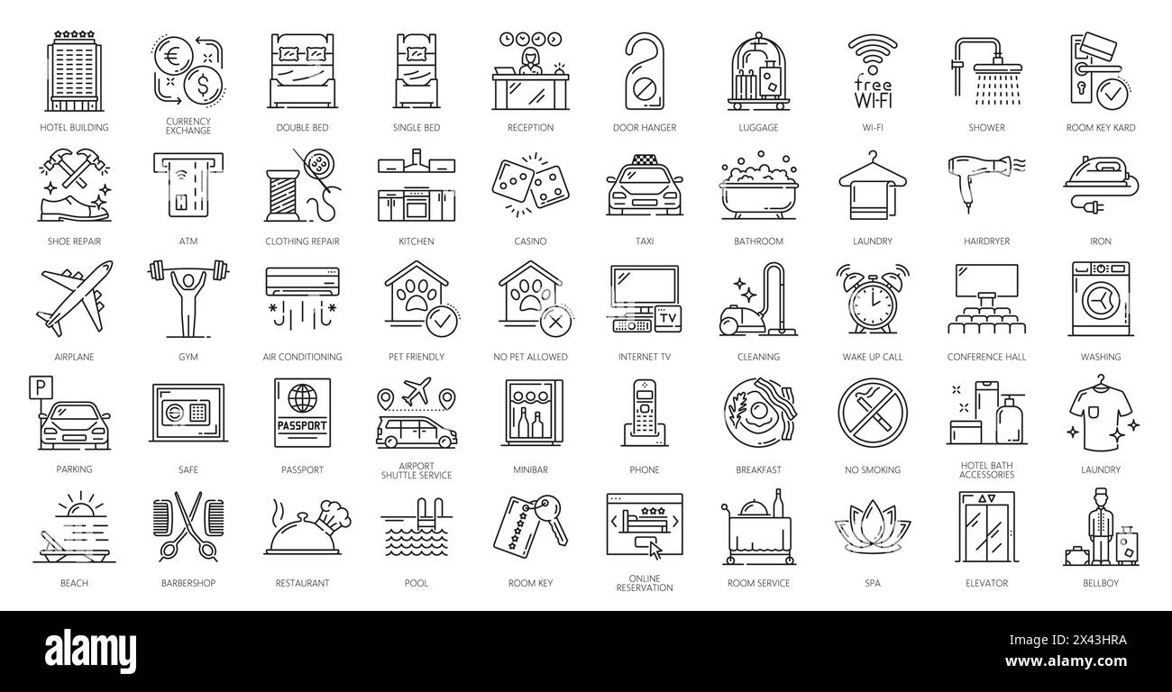 Icônes de service hôtelier, voyage vectoriel, tourisme et vacances. Service de chambre mince petit déjeuner, lit, baignoire et douche, restaurant de l'hôtel, réception, clé et piscine, bagages, bar, gymnase et symboles de passeport Illustration de Vecteur