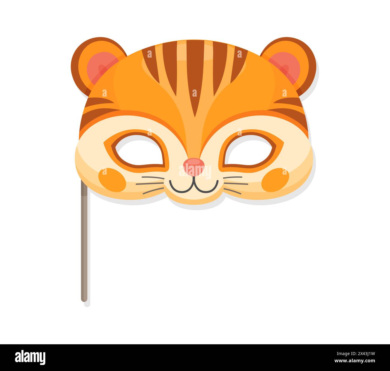 Masque de tigre, carnaval ou visage d'animal de fête d'anniversaire pour mascarade, accessoires vectoriels. Masque de museau d'animal de tigre de bande dessinée drôle sur le bâton pour l'événement d'anniversaire d'enfants et costume de visage d'animal de zoo heureux Illustration de Vecteur