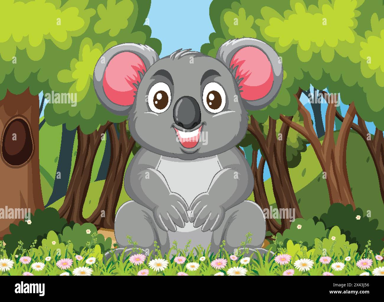 Un joyeux koala assis au milieu de la flore forestière vibrante Illustration de Vecteur