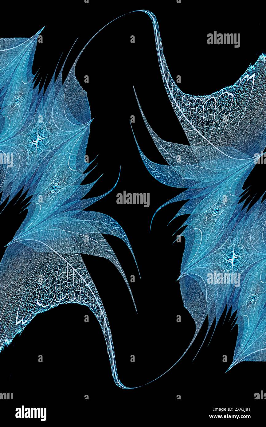 Feuilles de squelette de couleur bleue disposées sur fond noir Banque D'Images