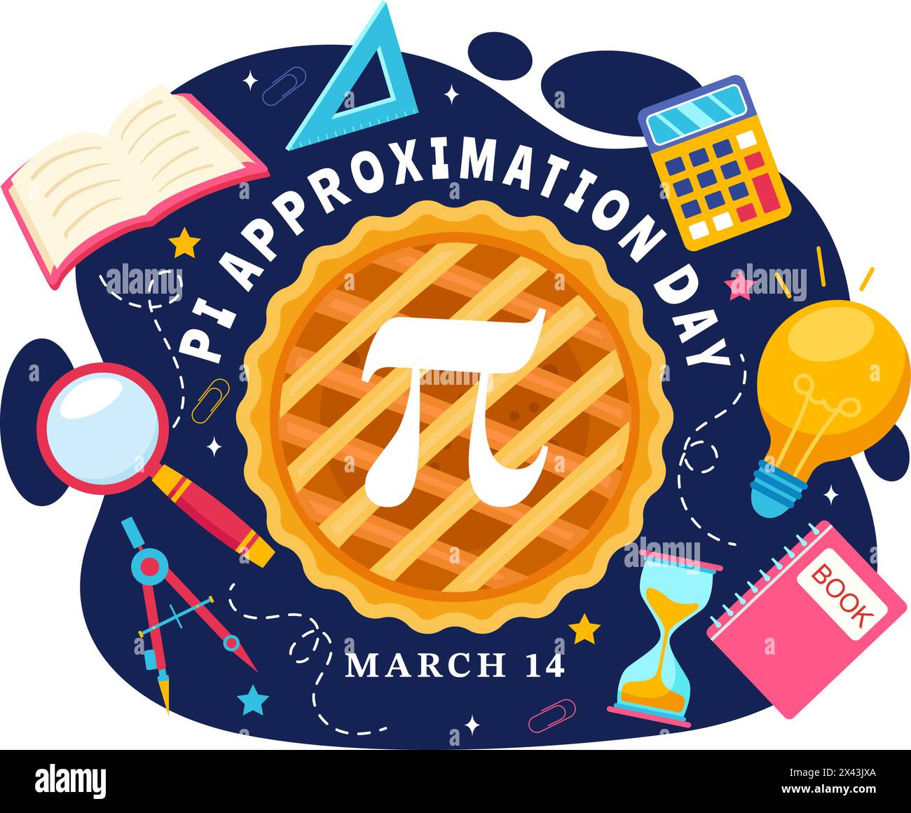 Pi approximation Day Vector illustration le 22 juillet avec des constantes mathématiques, des lettres grecques ou une tarte sucrée cuite en fond de dessin animé plat Illustration de Vecteur