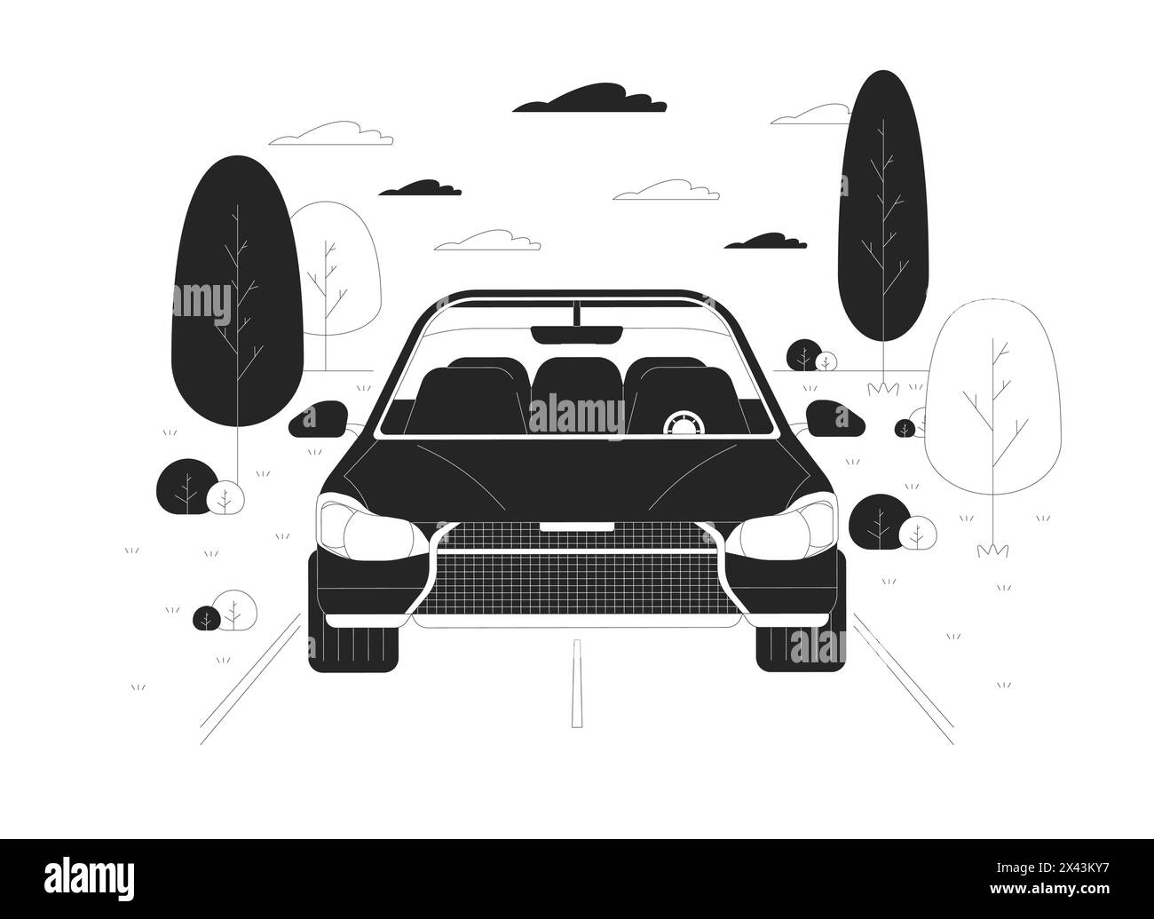 Voiture conduisant le long de la route rurale noir et blanc illustration plate de bande dessinée Illustration de Vecteur