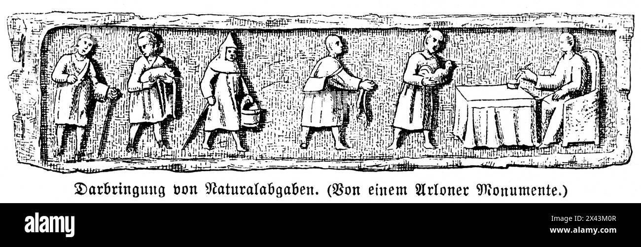 Livraison de taxes sous forme de produits naturels, Orolaunum ou Arlon, Empire romain, Allemagne, illustration historique 1884 Banque D'Images