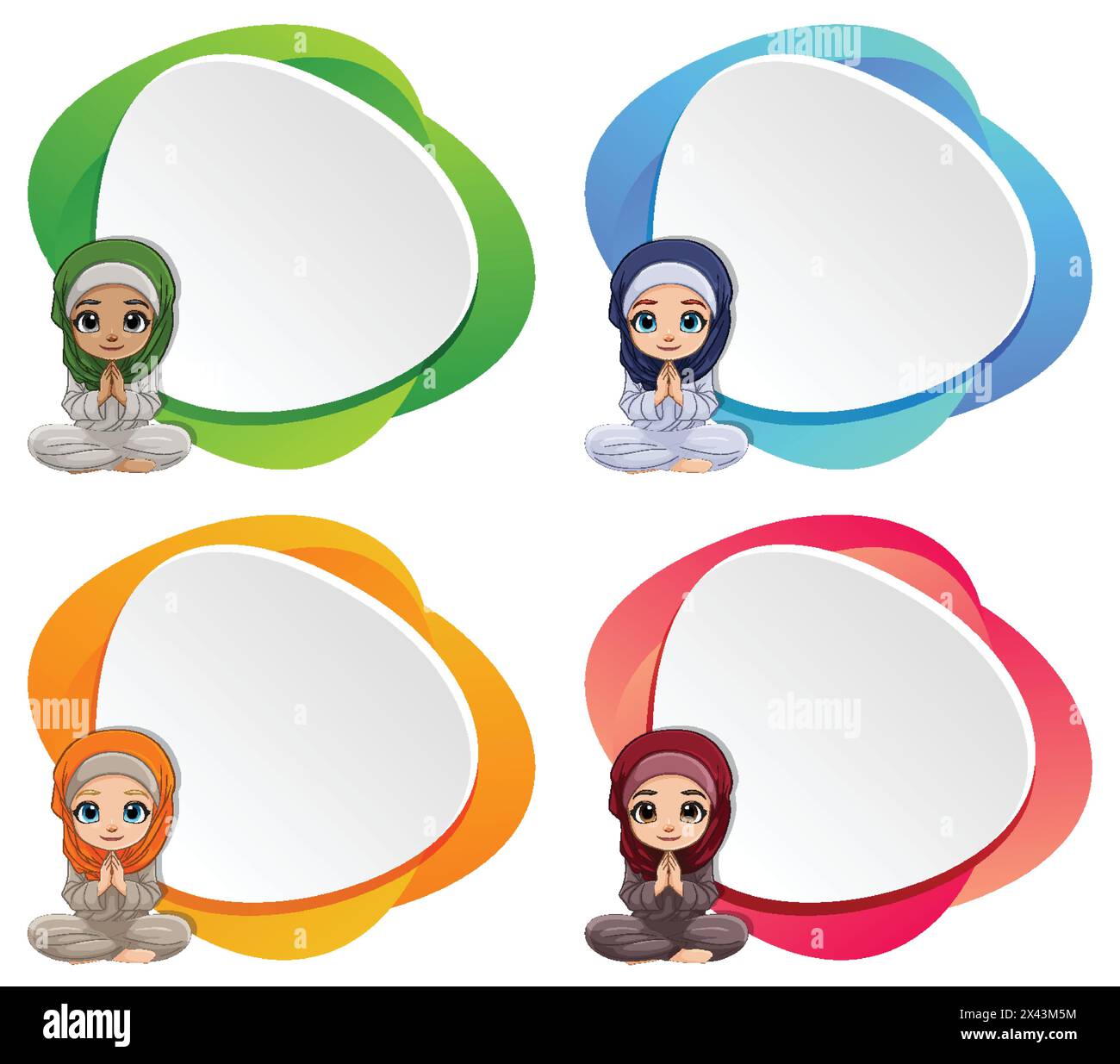 Quatre personnages de dessins animés avec des bulles de discours vibrantes Illustration de Vecteur