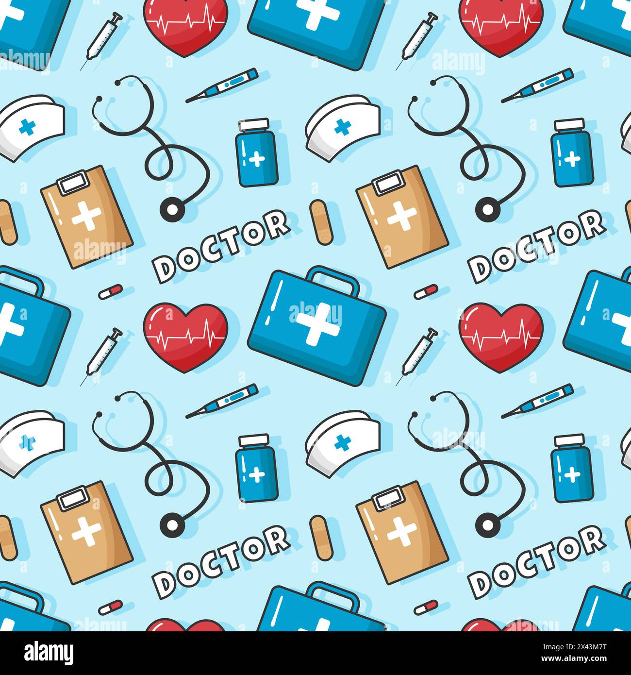 Doctors Seamless Pattern Design avec équipement médical dans modèle dessin animé à la main illustration Illustration de Vecteur
