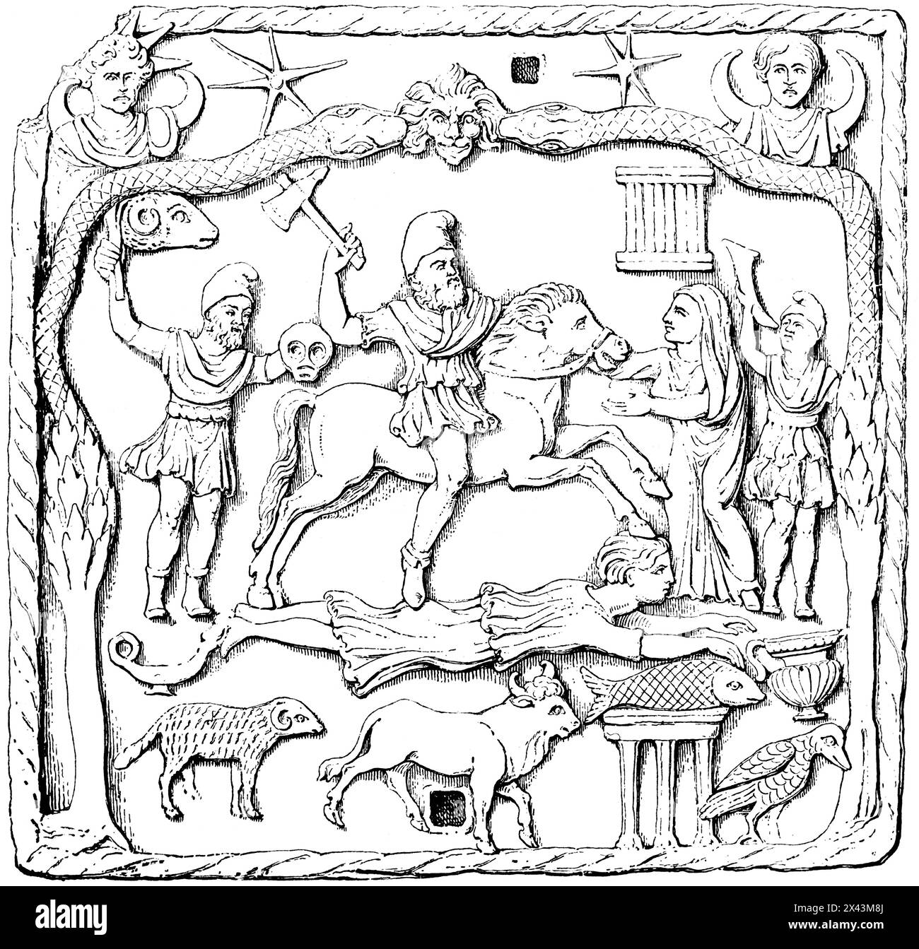 Scène de l'ancien culte sol- et Lunus dans la Rome antique, Empire romain, Italie, illustration historique 1884 Banque D'Images