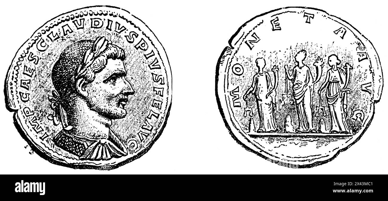 Pièce avec l'empereur Claudius, règne de 41 à 54, Empire romain, Italie, illustration historique 1884 Banque D'Images