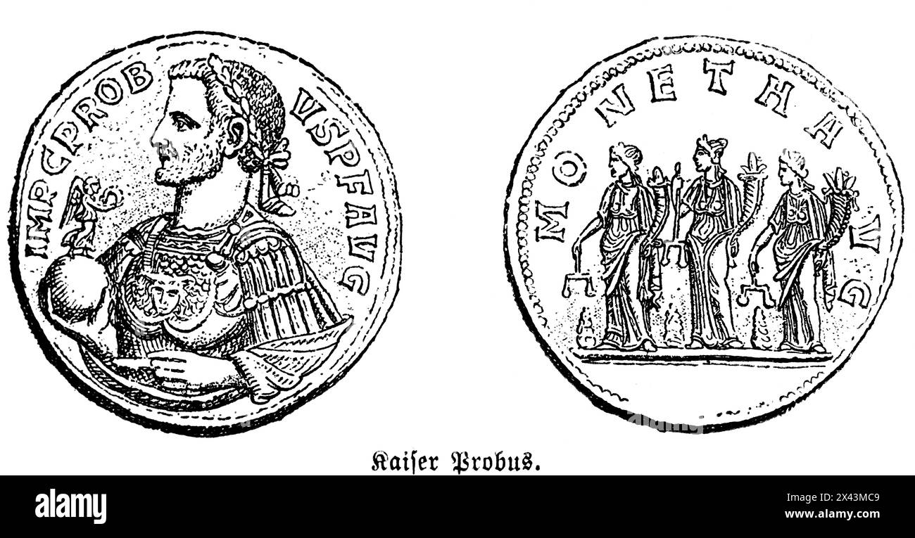 Pièce de monnaie avec l'empereur Probus, Empire romain, Italie, illustration historique 1884 Banque D'Images