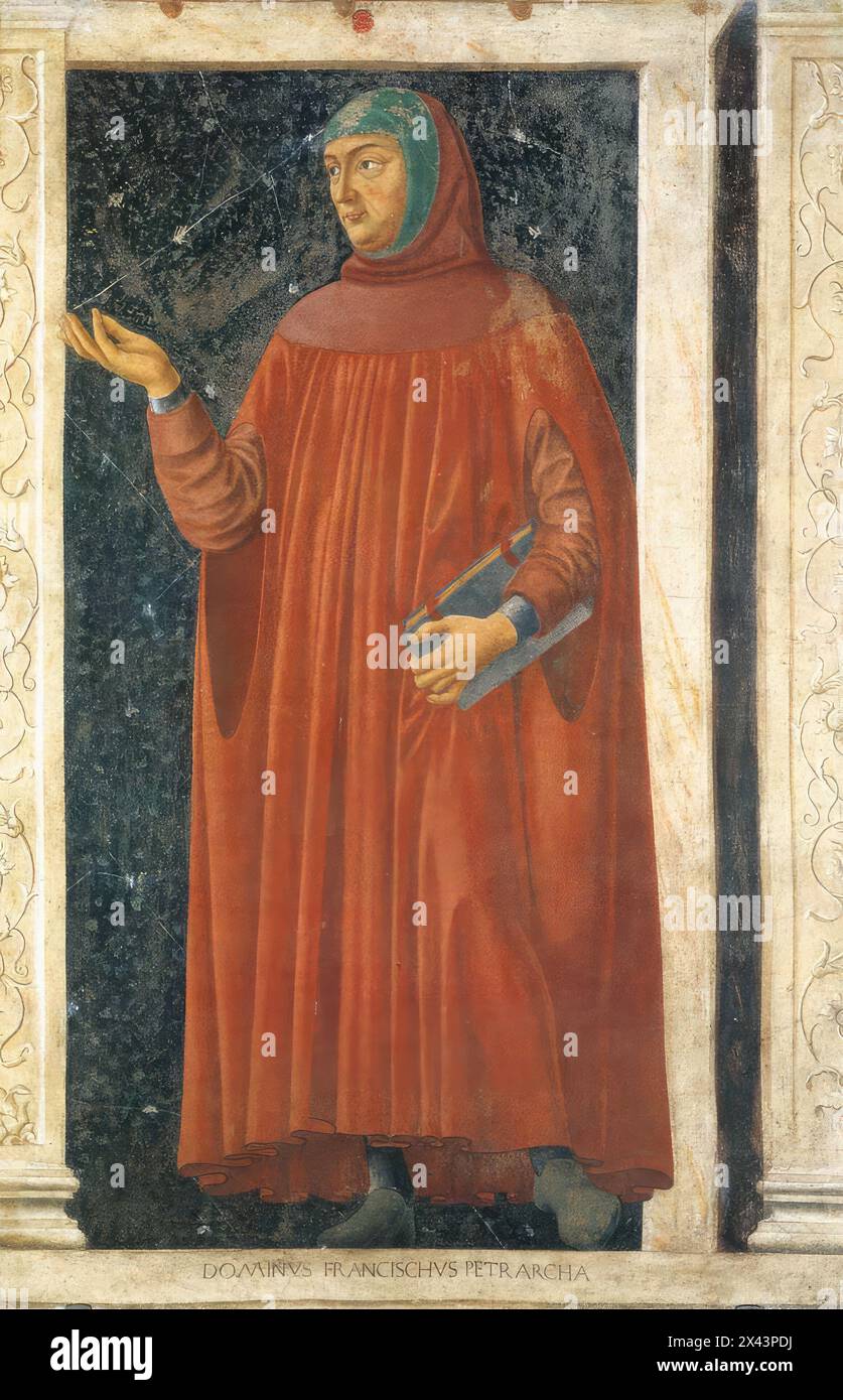 ANDREA DEL CASTAGNO (1423, Castagno, d. 1457, Firenze) personnalités célèbres : Francesco Petrarca c. 1450 fresque transférée en bois, 247 x 153 cm Galleria degli Uffizi, Florence L'image montre l'un des trois poètes toscans représentés dans le cycle. Francesco Petrarca (1304-1374) (Pétrarque) était un érudit, poète et humaniste italien dont les poèmes adressés à Laura, une aimée idéalisée, ont contribué à l'épanouissement de la poésie lyrique à la Renaissance. L'esprit curieux de Pétrarque et l'amour des auteurs classiques l'ont amené à voyager, à visiter des hommes d'apprentissage et à rechercher des bibliothèques monastiques pour le manu classique Banque D'Images