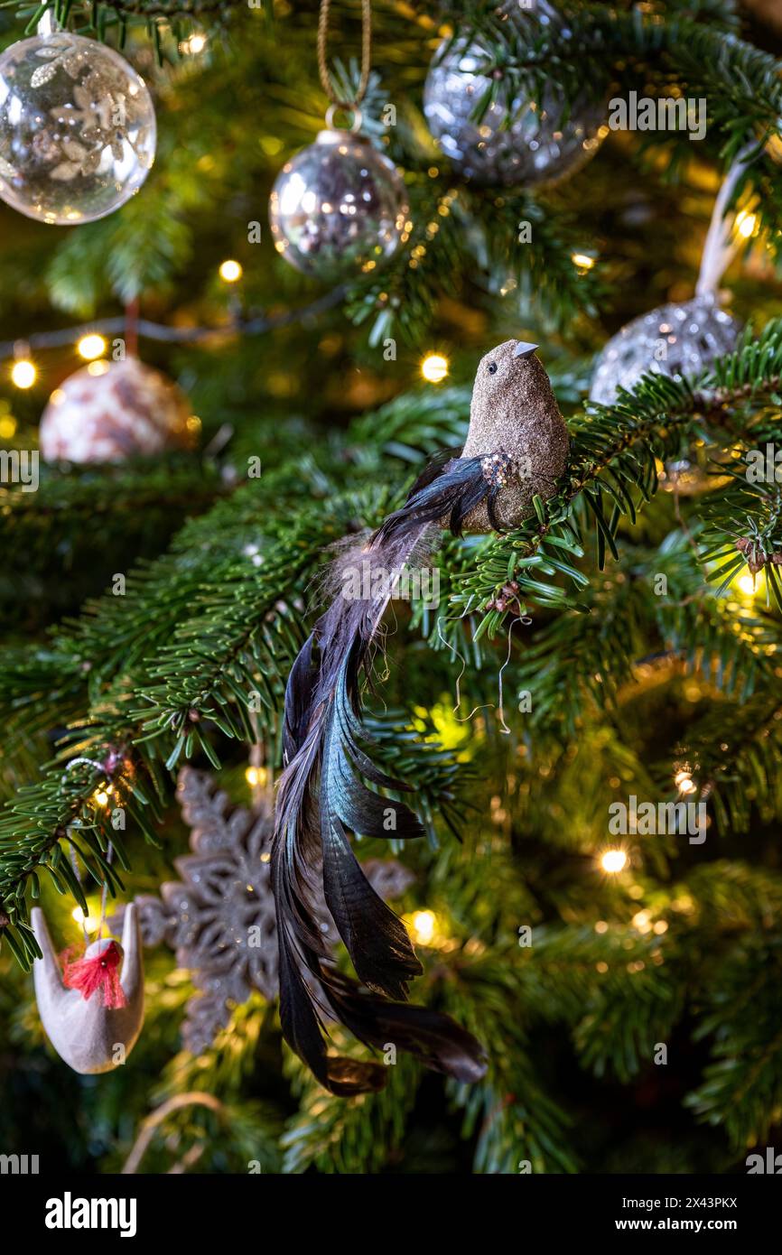 Décoration d'arbre d'ornement d'oiseau à Noël dans la maison East Sussex, South East England, Royaume-Uni Banque D'Images