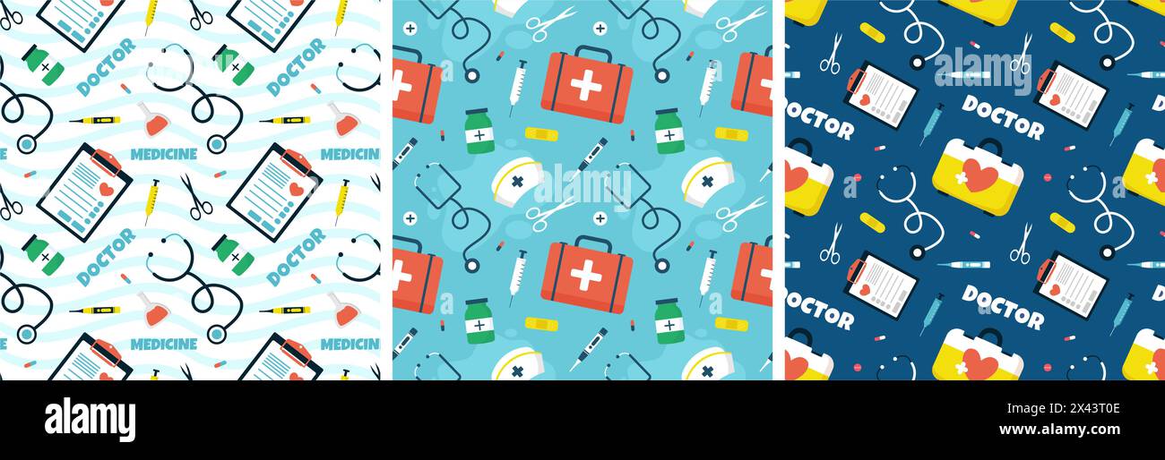 Doctors Seamless Pattern Design avec équipement médical dans modèle dessin animé à la main illustration Illustration de Vecteur