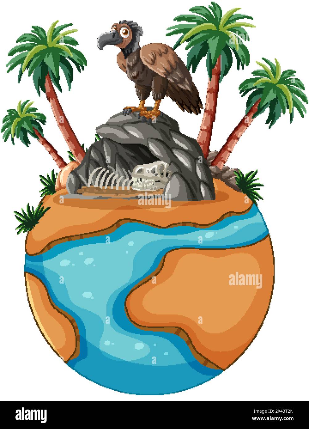 Vautours perché sur des rochers avec squelette et palmiers. Illustration de Vecteur