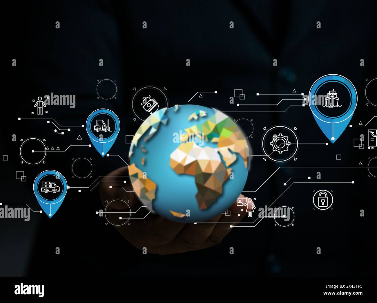 Homme d'affaires pointant à la carte des icônes de marketing mondial sur l'écran virtuel. Plan stratégique de marketing mondial pour les entreprises mondiales. Travail d'équipe réussi pour develo Banque D'Images