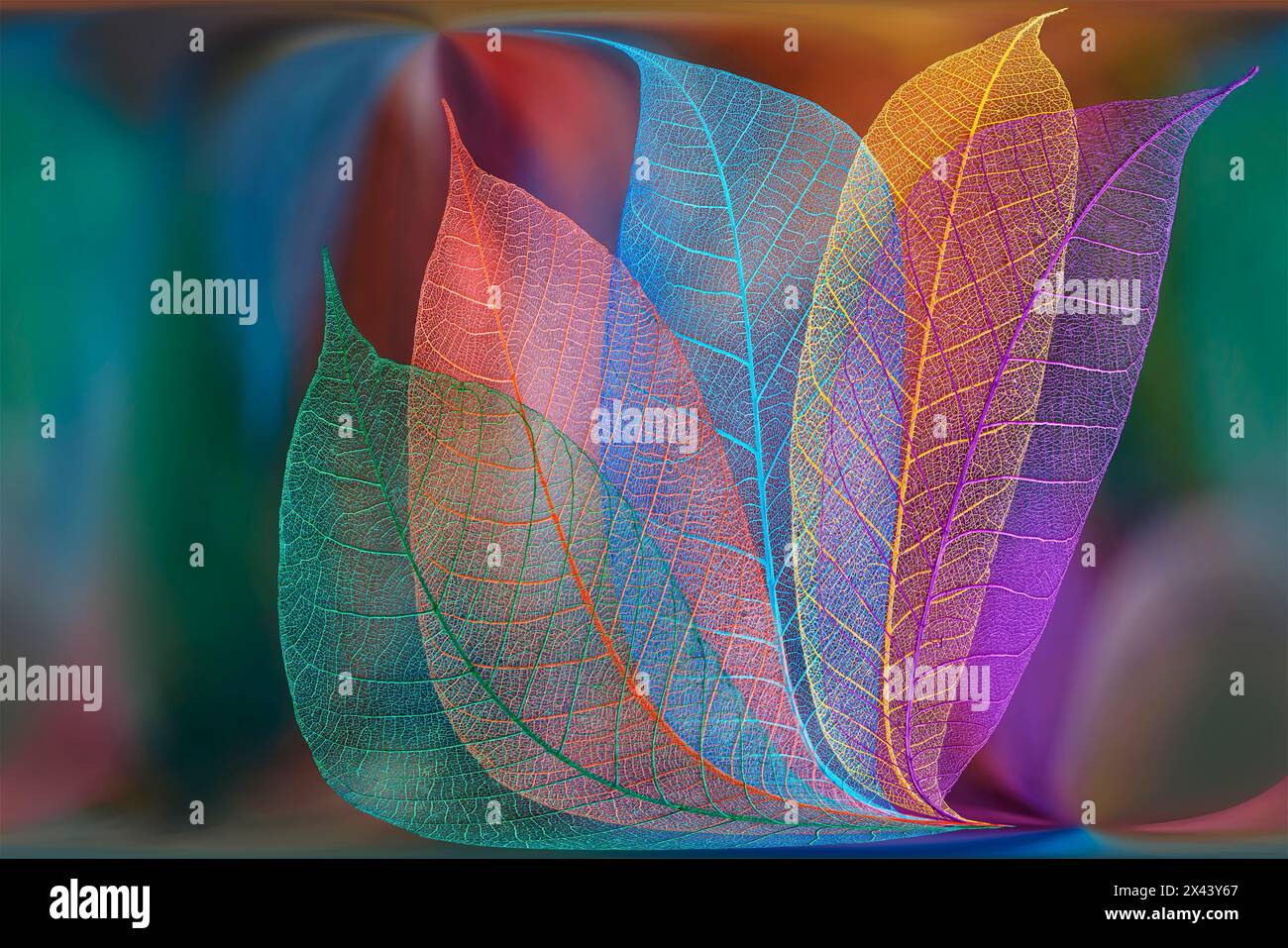 Feuilles de squelette multicolores disposées sur fond coloré Banque D'Images