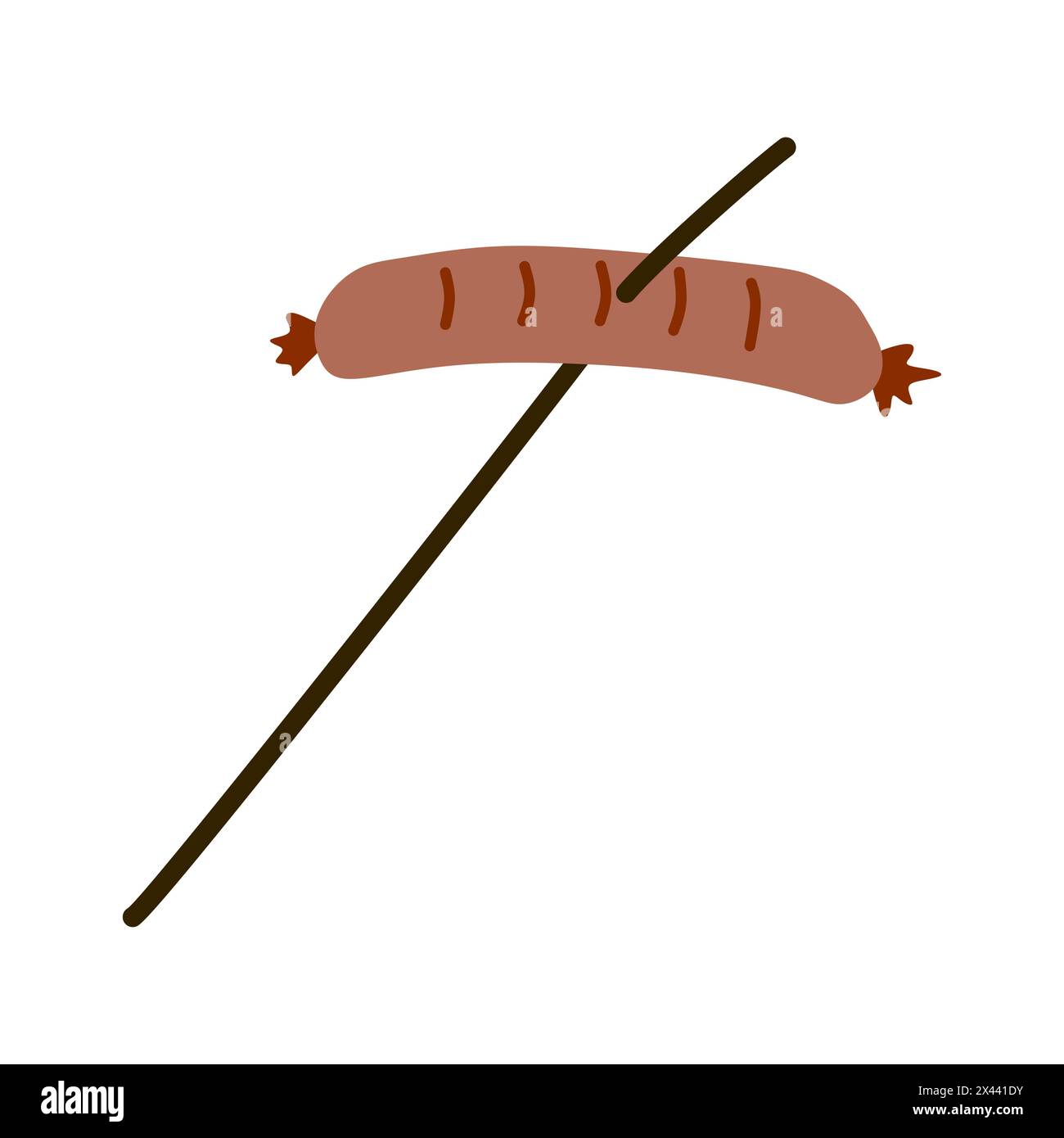 La saucisse est frite sur bâton. Régime alimentaire à base de viande rôtie. Nourriture dans le camp dans la campagne. Barbecue et élément de cuisine de rue. Illustration plate de dessin animé pour Hotdog, Illustration de Vecteur