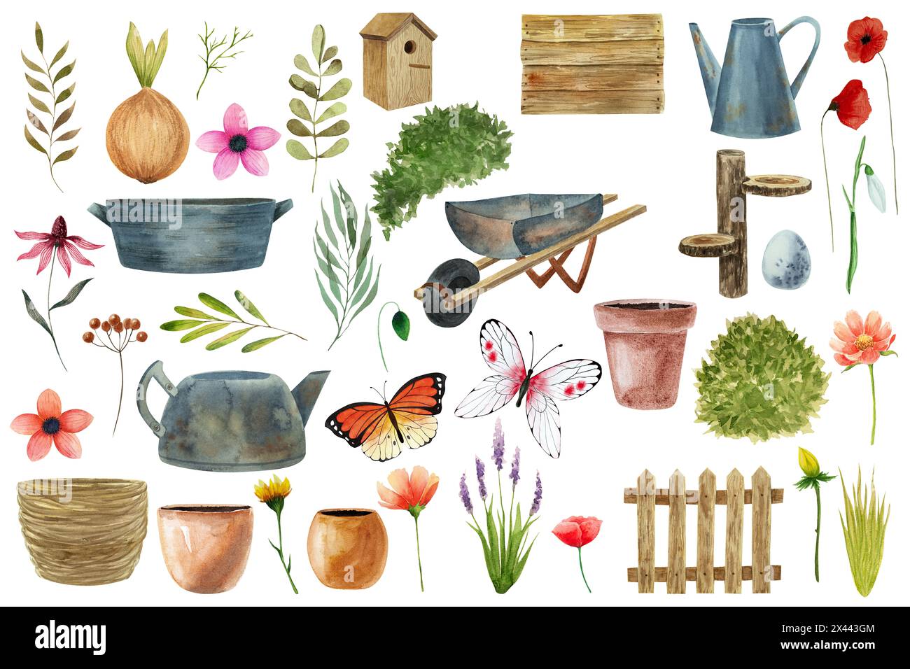 Ensemble de jardin de printemps, aquarelle, illustration, fleurs, plante, pâques, décoration, outils de jardin, seau, canette d'eau, bouilloire, papillon Banque D'Images