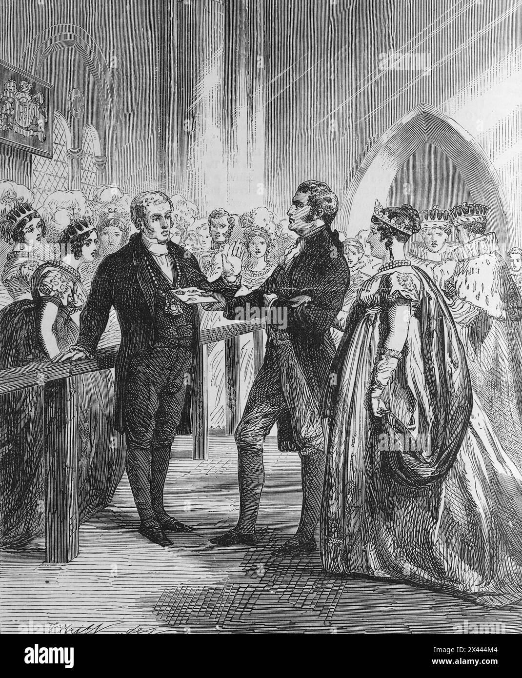 La reine Caroline, épouse du roi George IV de Grande-Bretagne et d'Irlande repoussée de la porte de l'abbaye de Westminster. Illustration tirée de Cassell's History of England, vol VII New Edition publiée vers 1873-1955. Banque D'Images