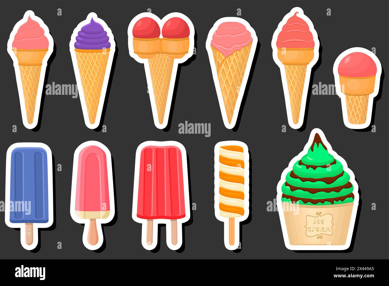 Illustration sur le thème grand kit popsicle de crème glacée différents types dans la tasse de gaufre de cône, crème glacée composée de savoureux popsicle sur la tasse de gaufre de cône, popsic Illustration de Vecteur
