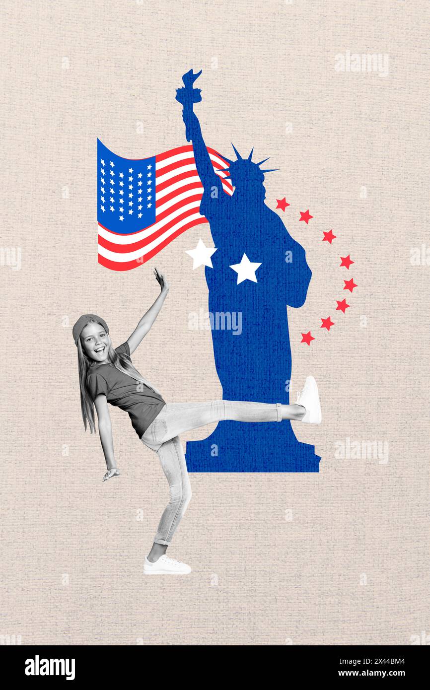 Collage photo vertical de Happy adolescent blonde fille danse statue liberté drapeau usa patriotisme démocratie isolé sur fond peint Banque D'Images