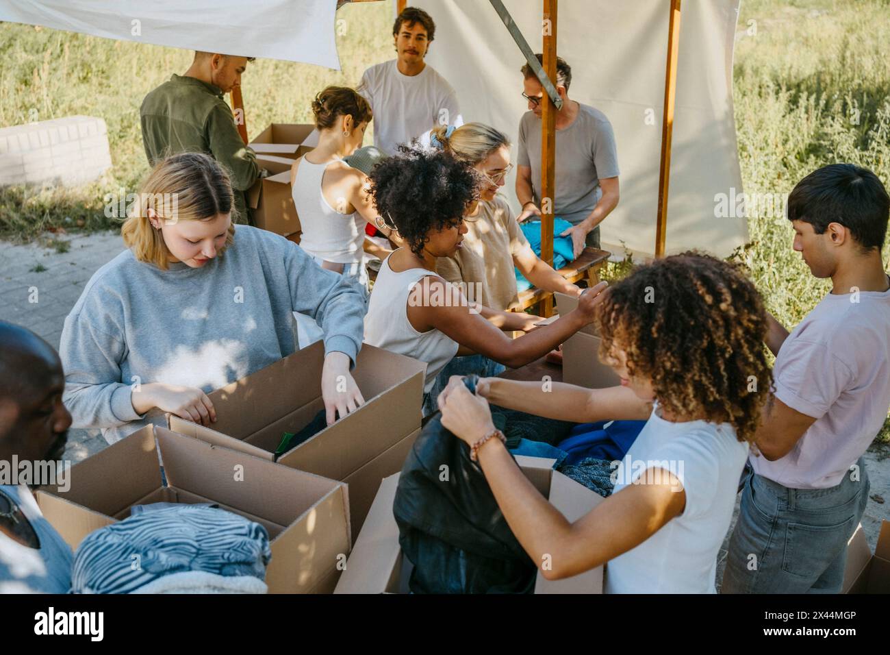 Vue en grand angle de l'équipe de bénévoles triant des vêtements dans des boîtes en carton pendant une campagne caritative au centre communautaire Banque D'Images