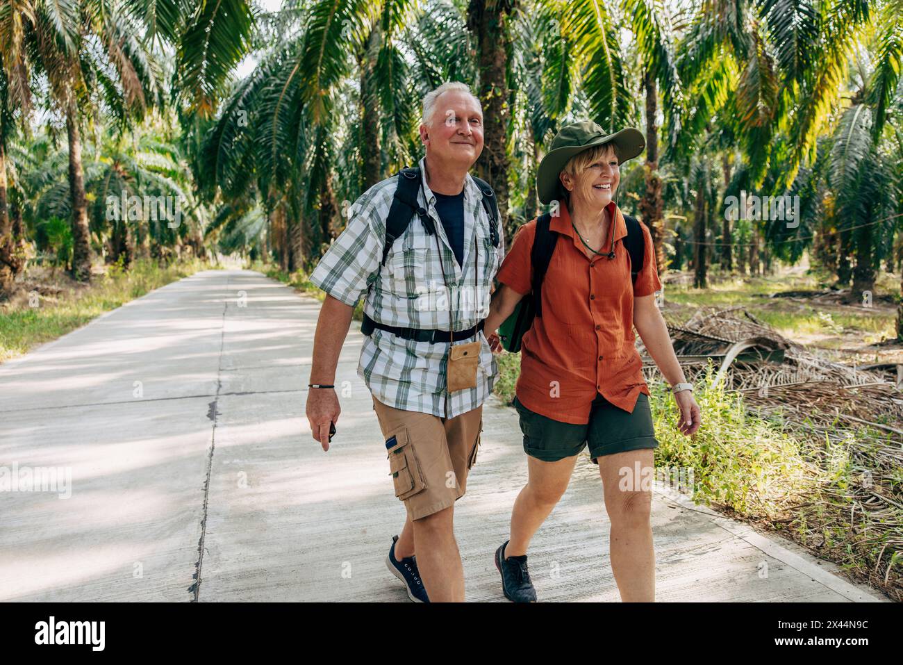 Heureux couple senior marchant ensemble sur le sentier de randonnée au milieu des arbres pendant les vacances Banque D'Images