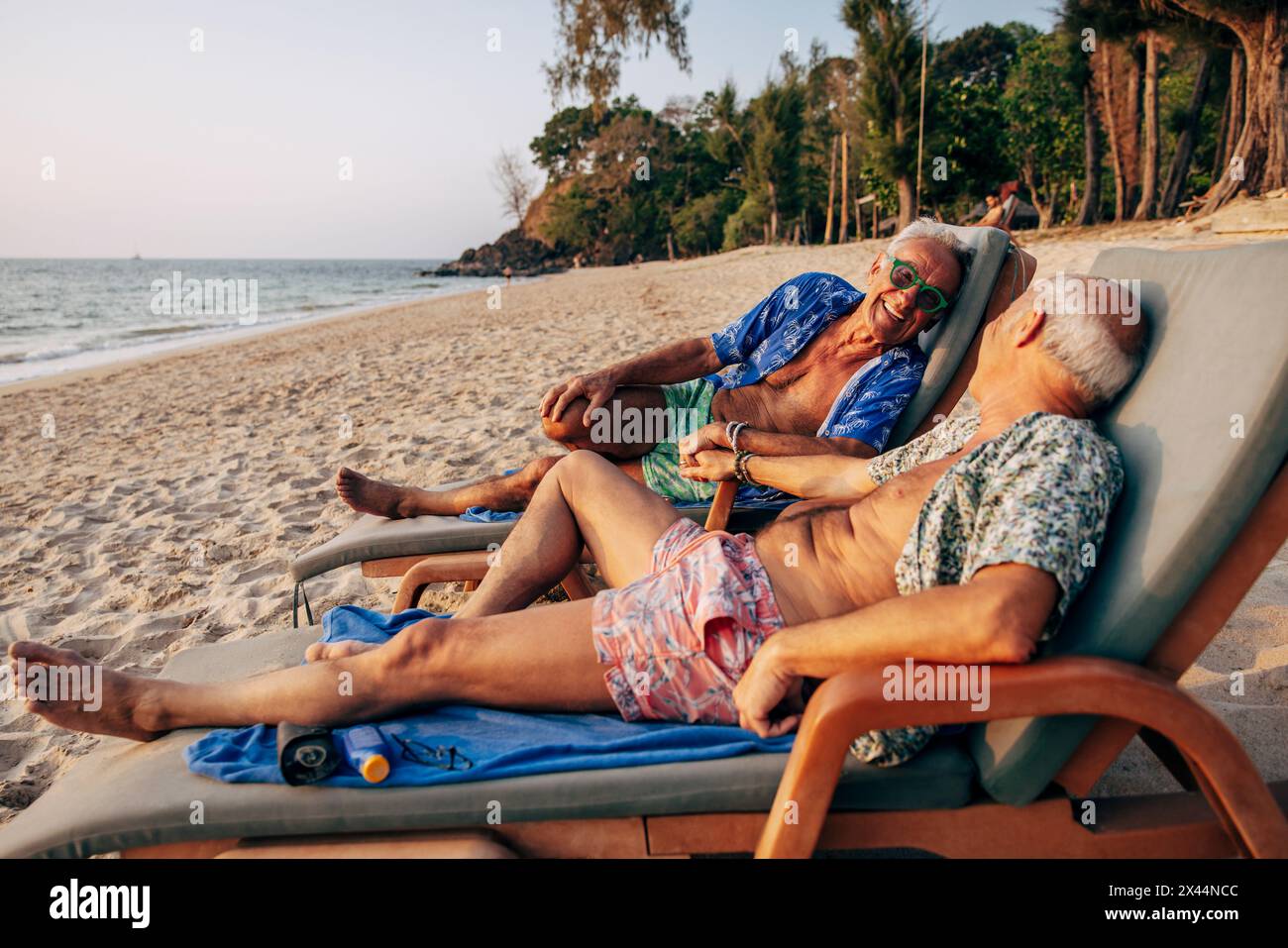 Heureux couple homosexuel sénior se penchant sur une chaise longue à la plage pendant les vacances Banque D'Images