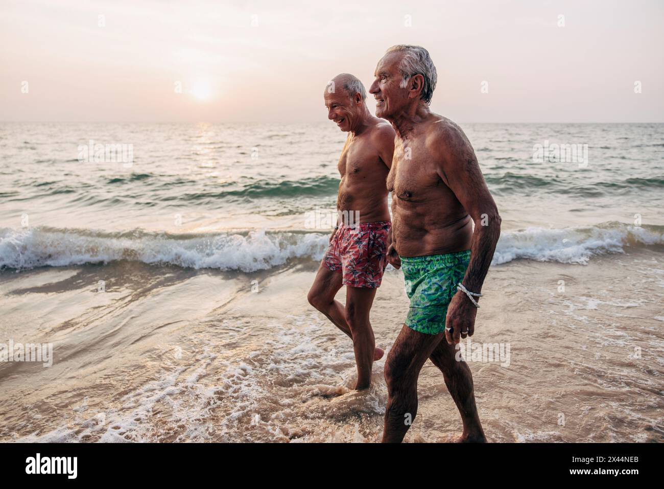 Couple gay senior sans torse tenant la main tout en marchant près du rivage à la plage contre le ciel Banque D'Images