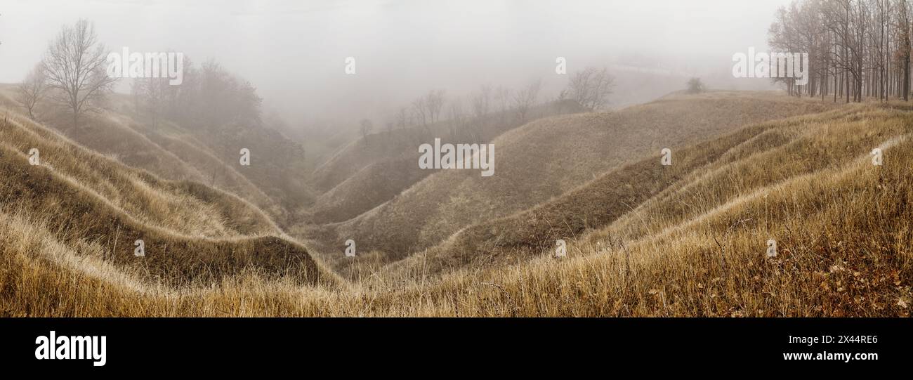 Paysage d'automne, panorama - éperons de ravin près de rivière sinueuse, couverte de brouillard, sur les prairies entre collines et forêts Banque D'Images