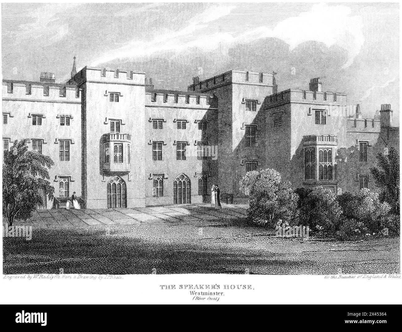 Une gravure intitulée The Speaker's House, Westminster (River Front), Londres, Royaume-Uni, a été numérisée à haute résolution à partir d'un livre publié vers 1815. Banque D'Images