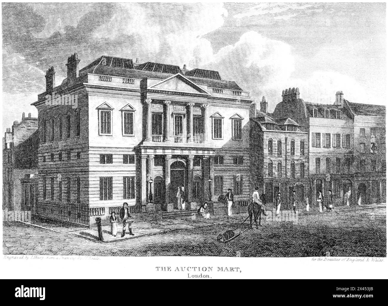 Une gravure intitulée The Auction Mart, London UK, numérisée à haute résolution à partir d'un livre publié vers 1815. Croyez libre de droits d'auteur. Banque D'Images