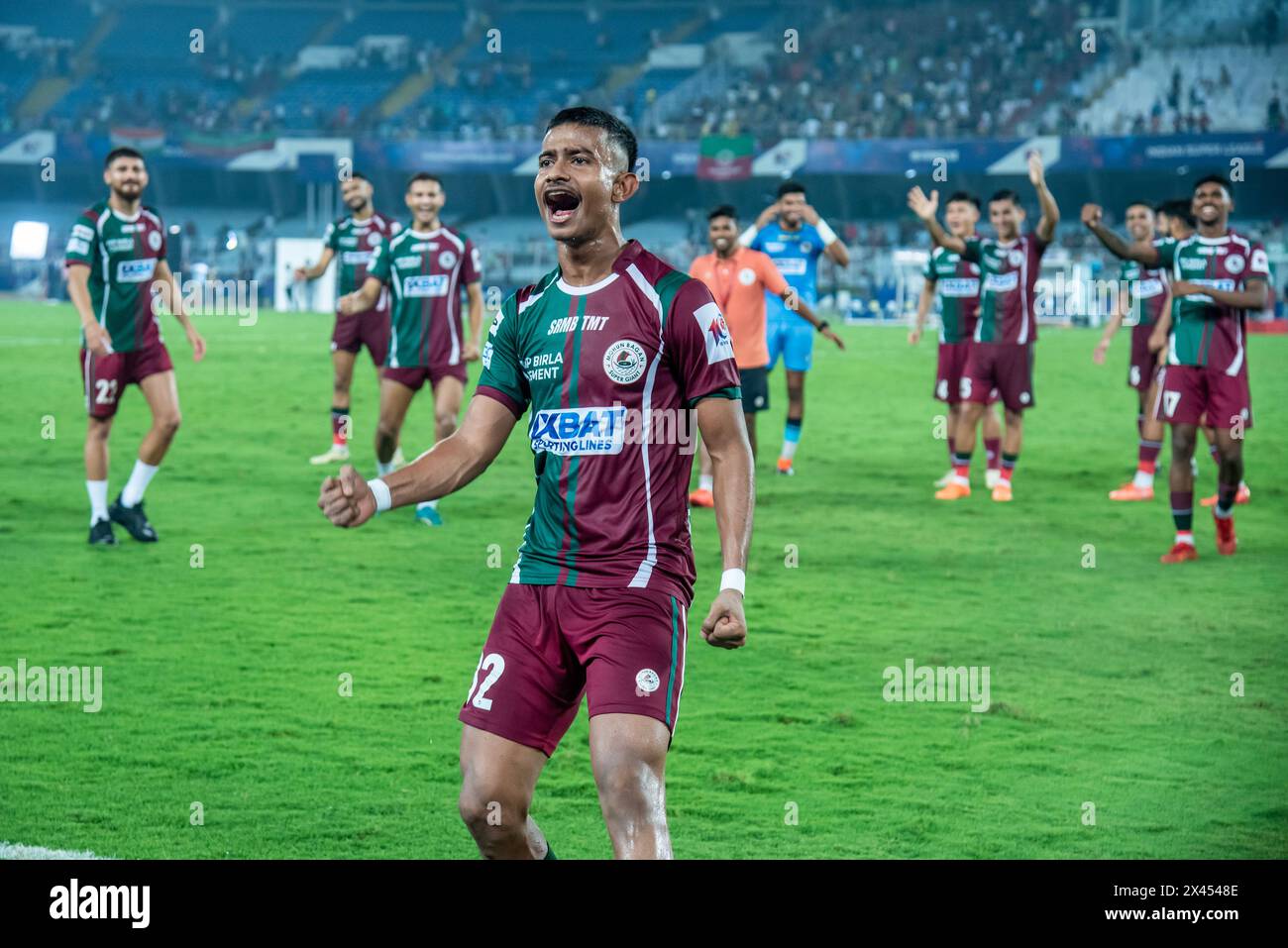 Kolkata, Inde. 29 avril 2024. Mohunbagan Super Giants (MBSG) de Kolkata bat l'Odisha FC par 2-0 pour atteindre la 1ième finale ISL le 28 avril 2024 au stade Salt Lake de Kolkata. Les buteurs sont Jasson Cummings et Sahal Abdul Samad. (Photo par Amlan Biswas/Pacific Press) crédit : Pacific Press Media production Corp./Alamy Live News Banque D'Images