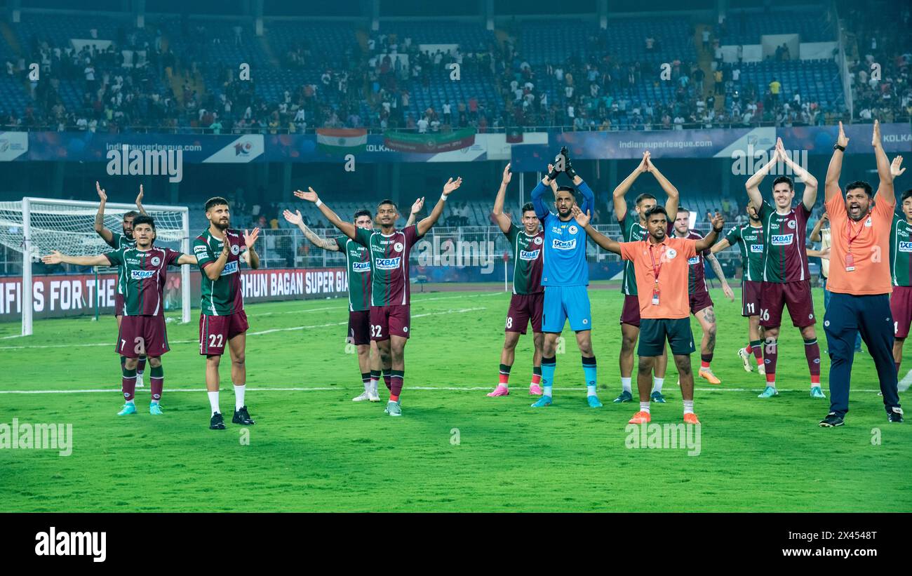 Kolkata, Inde. 29 avril 2024. Mohunbagan Super Giants (MBSG) de Kolkata bat l'Odisha FC par 2-0 pour atteindre la 1ième finale ISL le 28 avril 2024 au stade Salt Lake de Kolkata. Les buteurs sont Jasson Cummings et Sahal Abdul Samad. (Photo par Amlan Biswas/Pacific Press) crédit : Pacific Press Media production Corp./Alamy Live News Banque D'Images