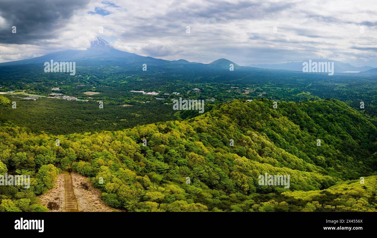 Vue aérienne d'un nuage couvert le mont Fuji et la 'mer des arbres' à Yamanashi, Japon Banque D'Images