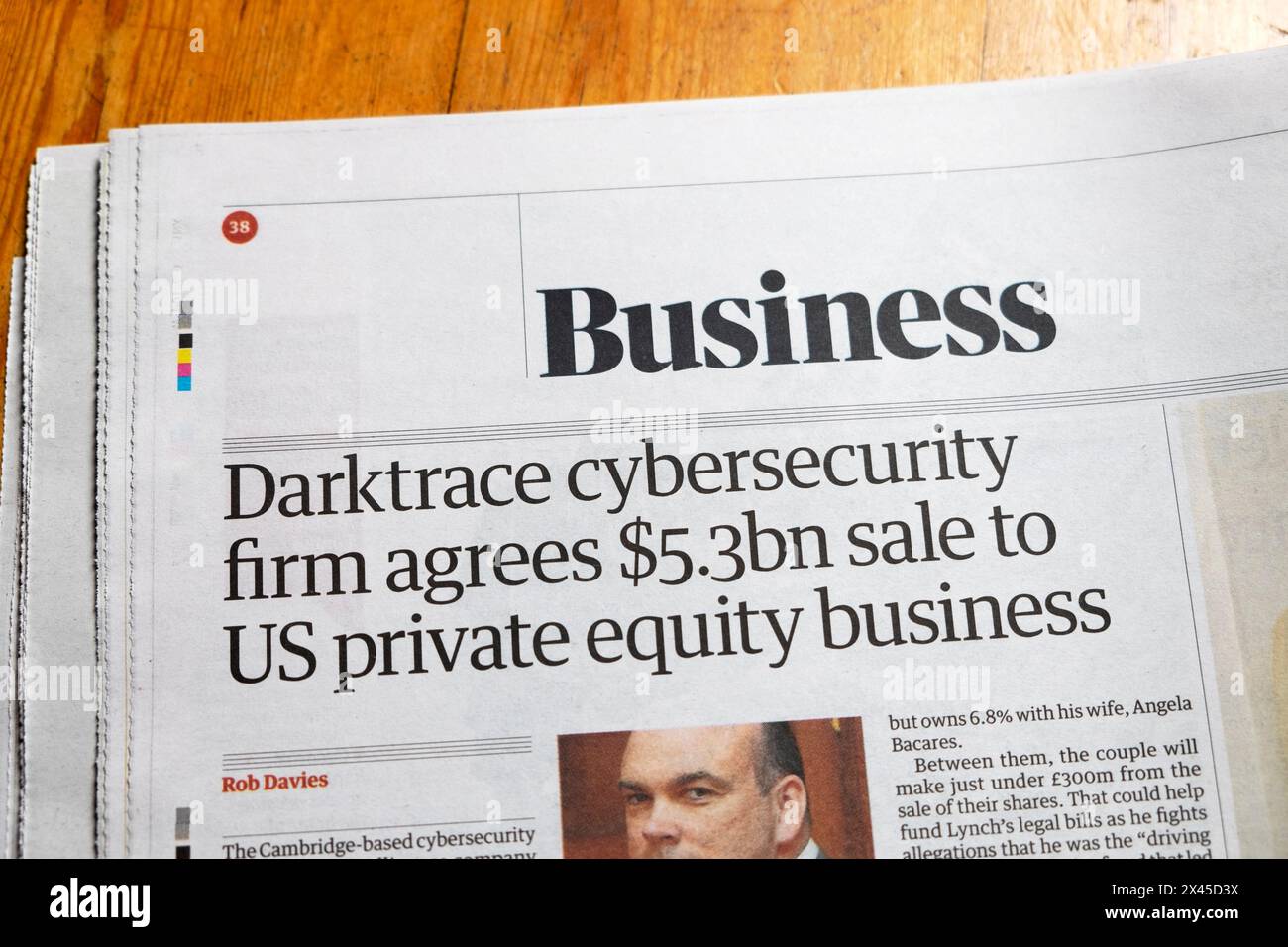 « Darktrace CyberSecurity Firm consent une vente de 5,3 milliards de dollars à une entreprise américaine de capital-investissement », journal Guardian, titre ai British Technology Firm avril 2024 Royaume-Uni Banque D'Images