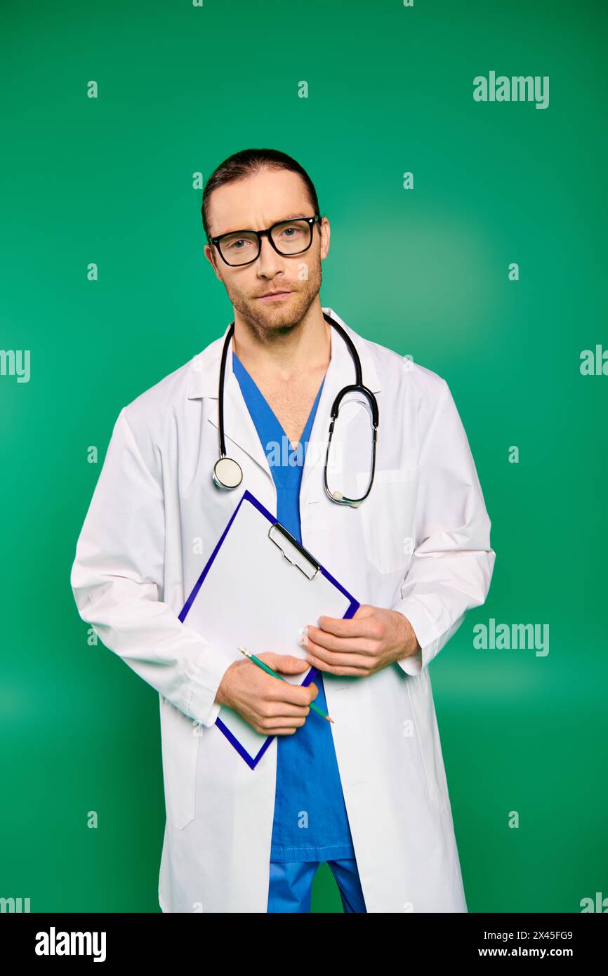 Beau médecin masculin en manteau blanc et gommages bleus sur fond vert. Banque D'Images