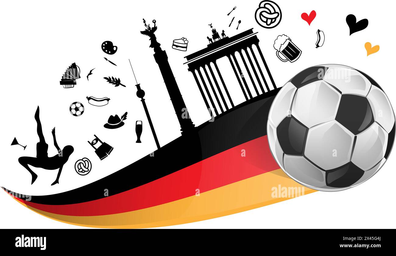 Drapeau de l'Allemagne avec ballon de football et symboles de l'allemagne. illustration vectorielle Illustration de Vecteur