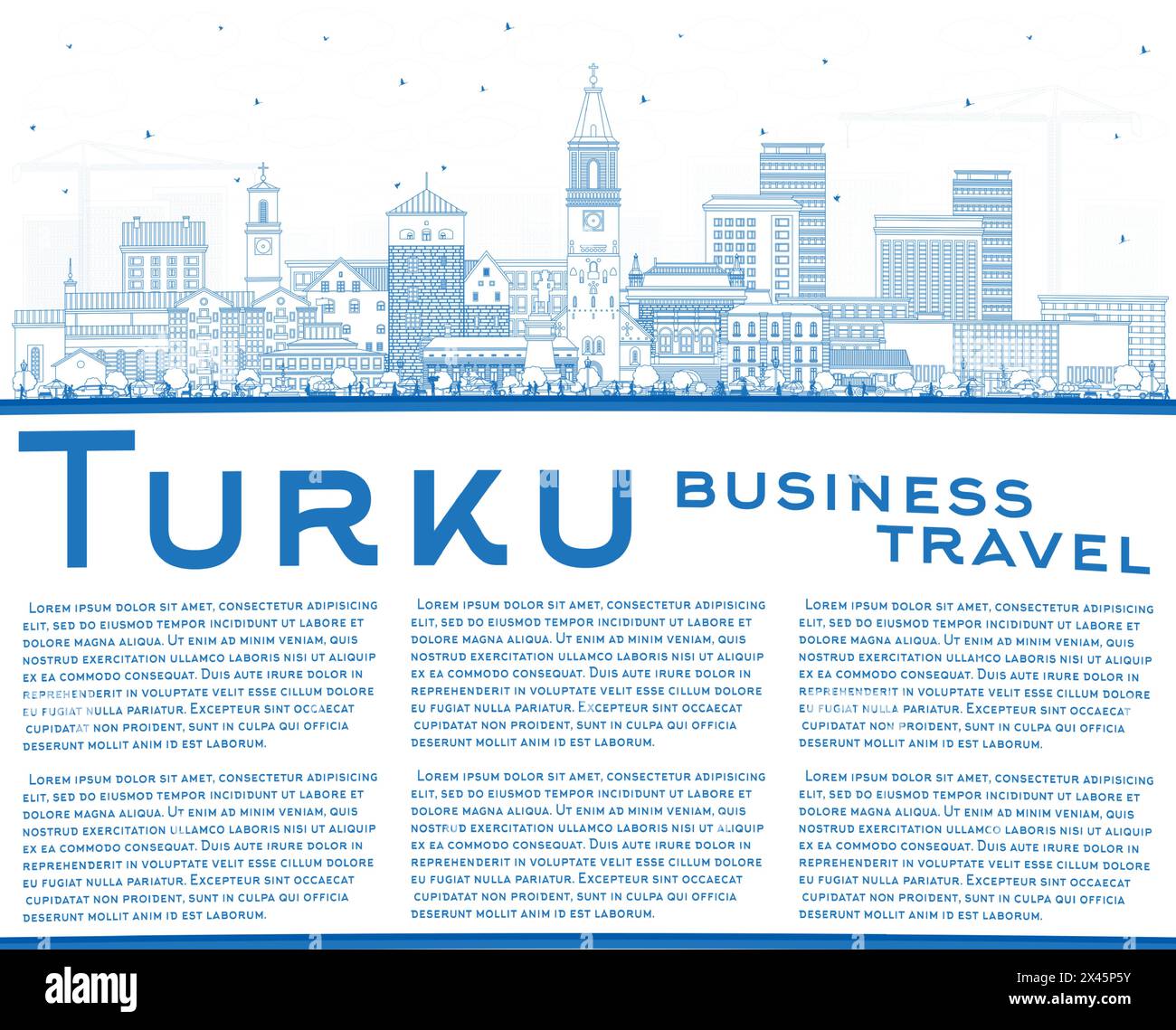 Esquissez l'horizon de la ville de Turku Finlande avec des bâtiments bleus et un espace de copie. Illustration vectorielle. Paysage urbain de Turku avec des monuments. Illustration de Vecteur