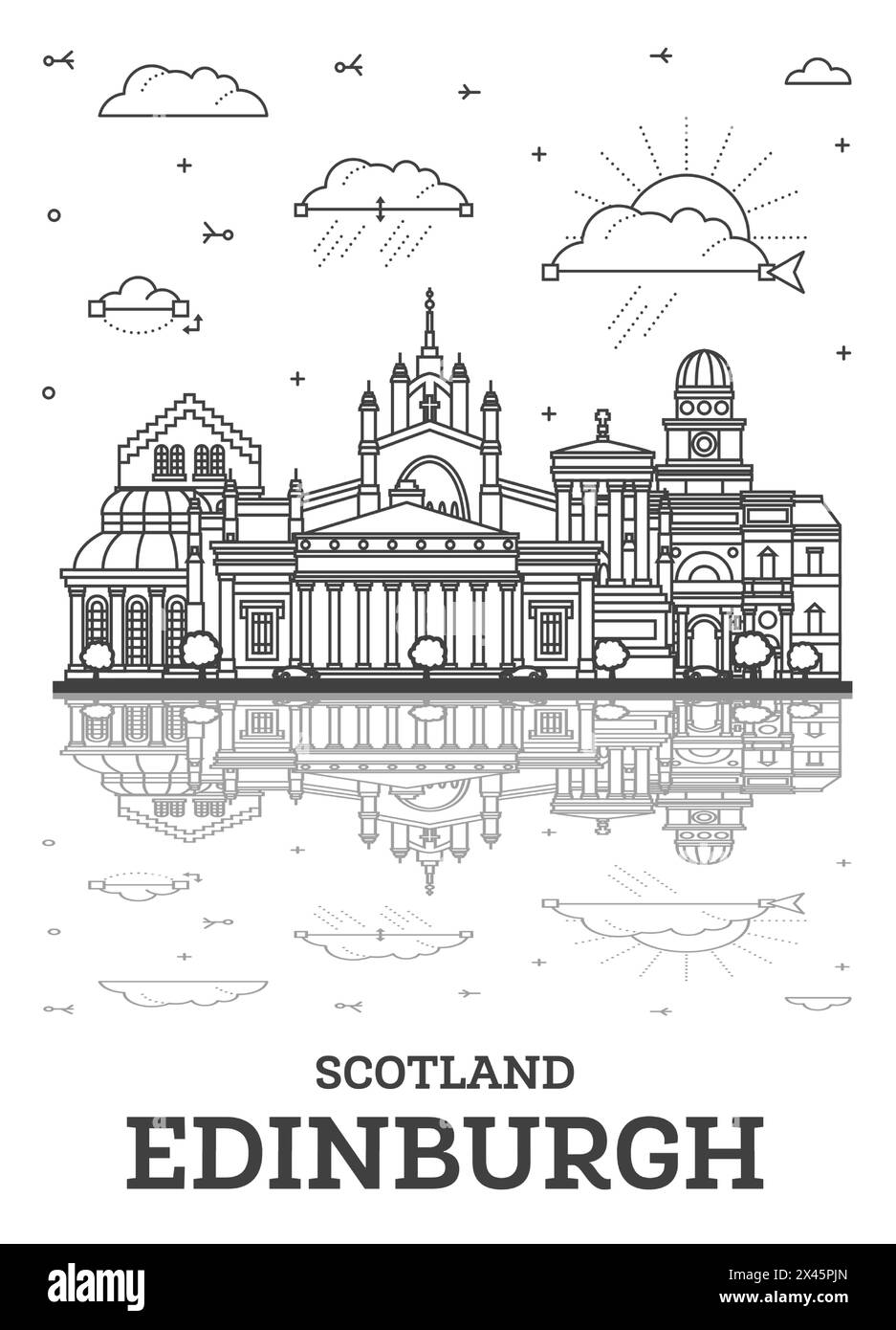 Aperçu de Edinburgh Scotland City Skyline avec des bâtiments historiques modernes et des reflets isolés sur blanc. Illustration vectorielle. Paysage urbain d'Édimbourg. Illustration de Vecteur