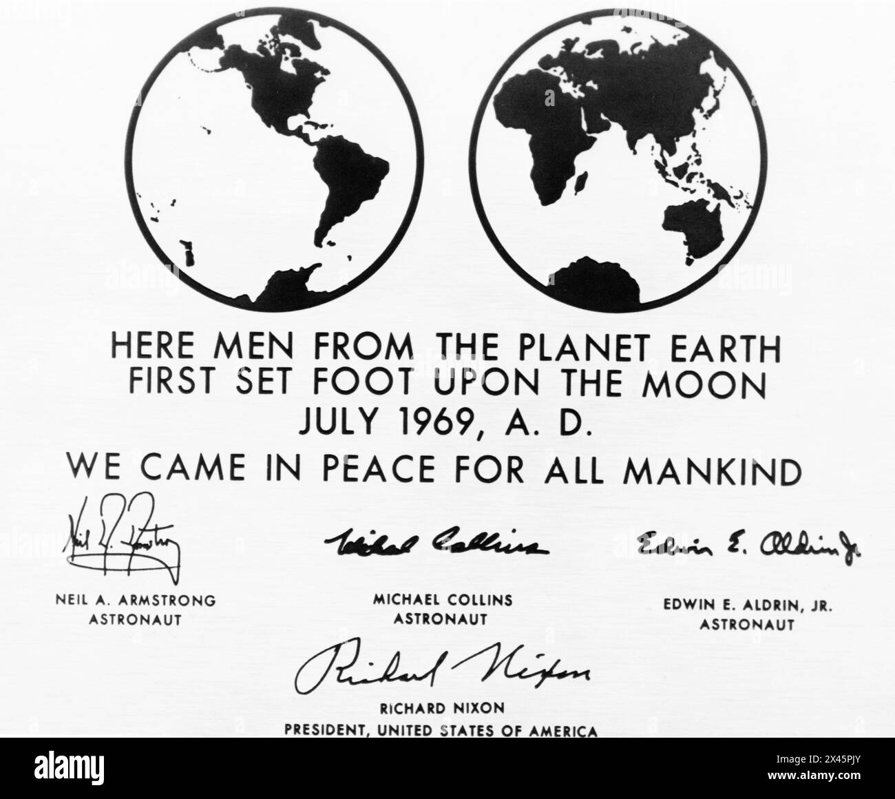 Plaque que les astronautes d'Apollo 11 ont laissée sur la lune 1969 Banque D'Images