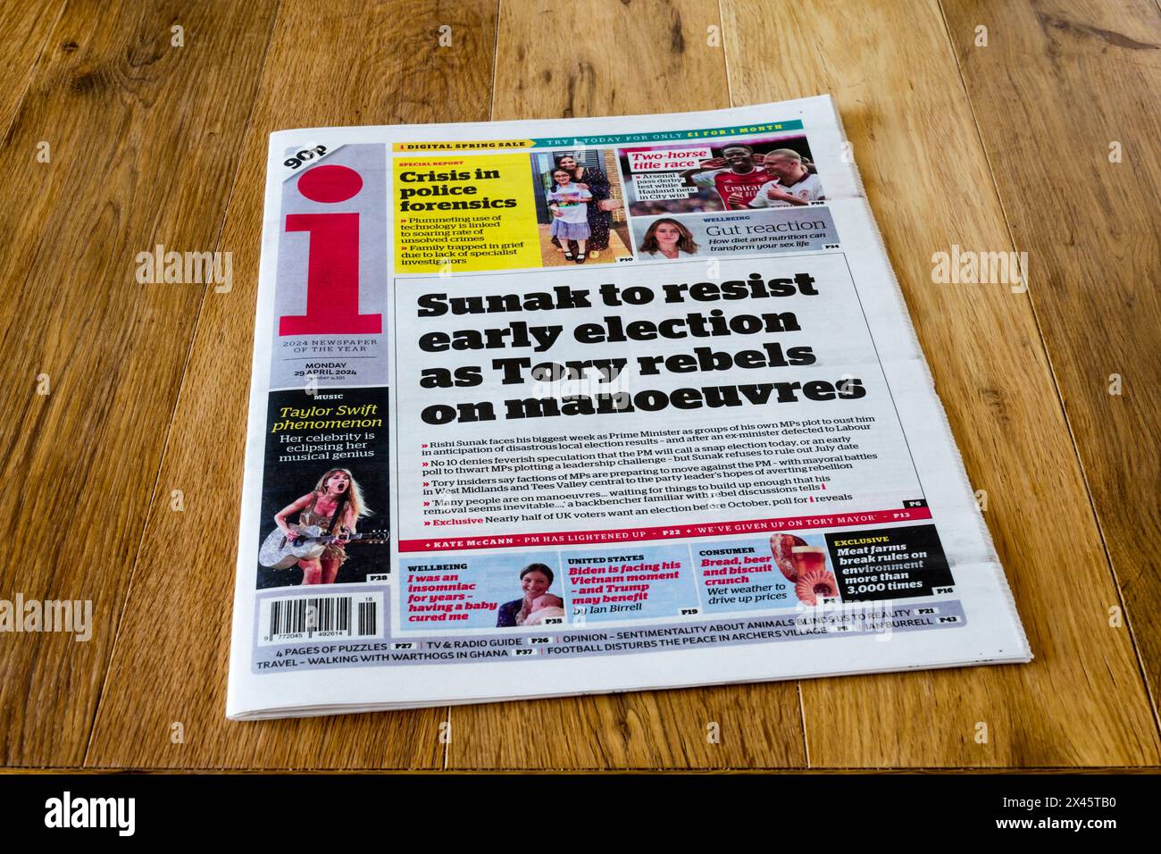 29 avril 2024. Le titre du journal i est Sunak pour résister à des élections anticipées alors que les conservateurs se rebellent sur des manœuvres. Banque D'Images