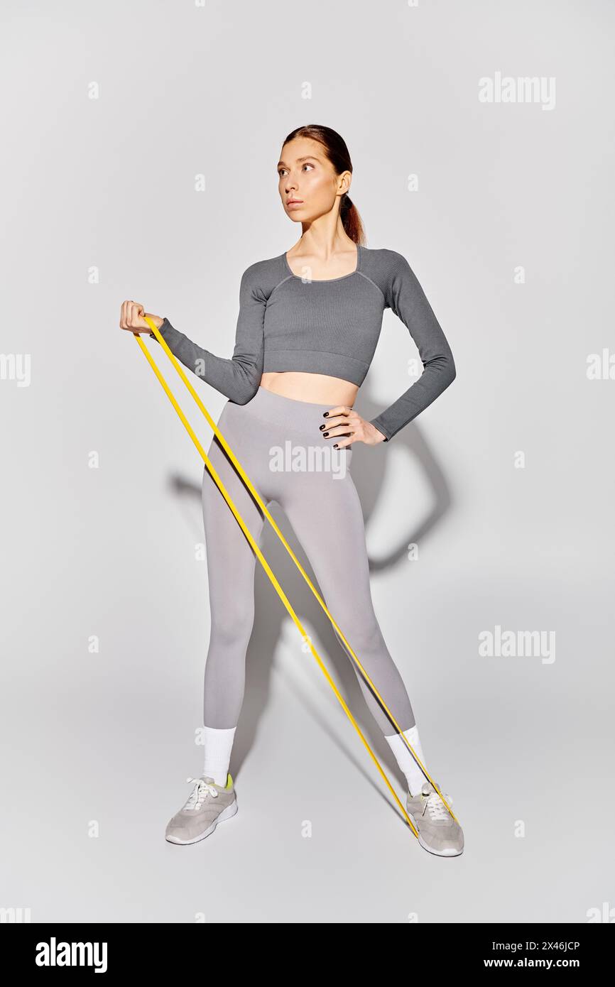 Une jeune femme sportive en vêtements actifs travaillant avec des élastiques sur un fond gris. Banque D'Images