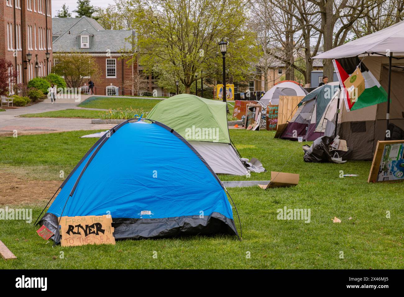 Medford, ma, États-Unis-30 avril 2024 : des manifestants pro-palestiniens à l'Université Tufts ont installé un campement de tente pour protester contre la guerre à Gaza. Banque D'Images